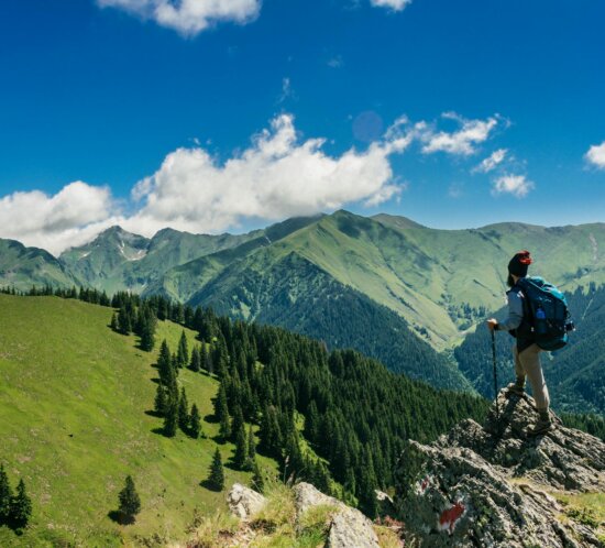 Wanderer auf einem grünen Bergpfad mit Panoramablick