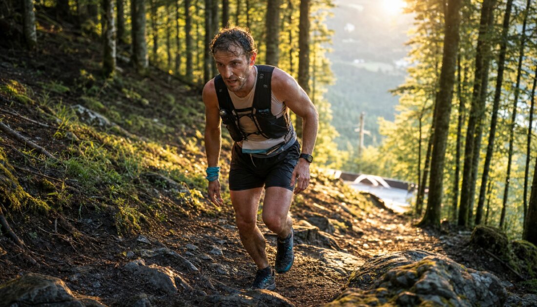 Trailrunner läuft auf steilem Waldpfad bergauf, im Hintergrund warmes Sonnenlicht zwischen Bäumen.
