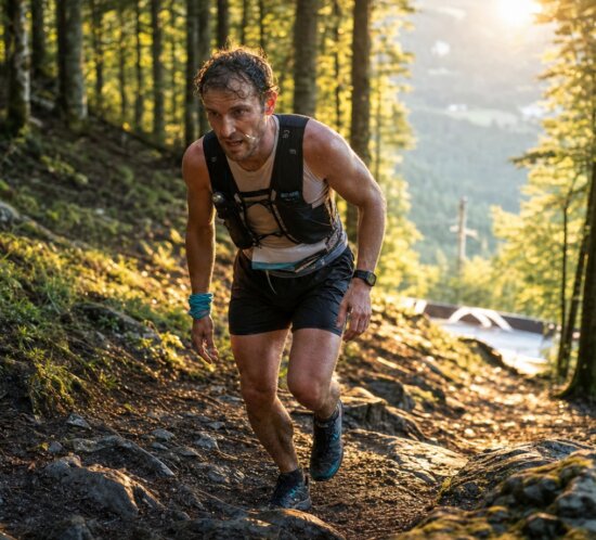 Trailrunner läuft auf steilem Waldpfad bergauf, im Hintergrund warmes Sonnenlicht zwischen Bäumen.