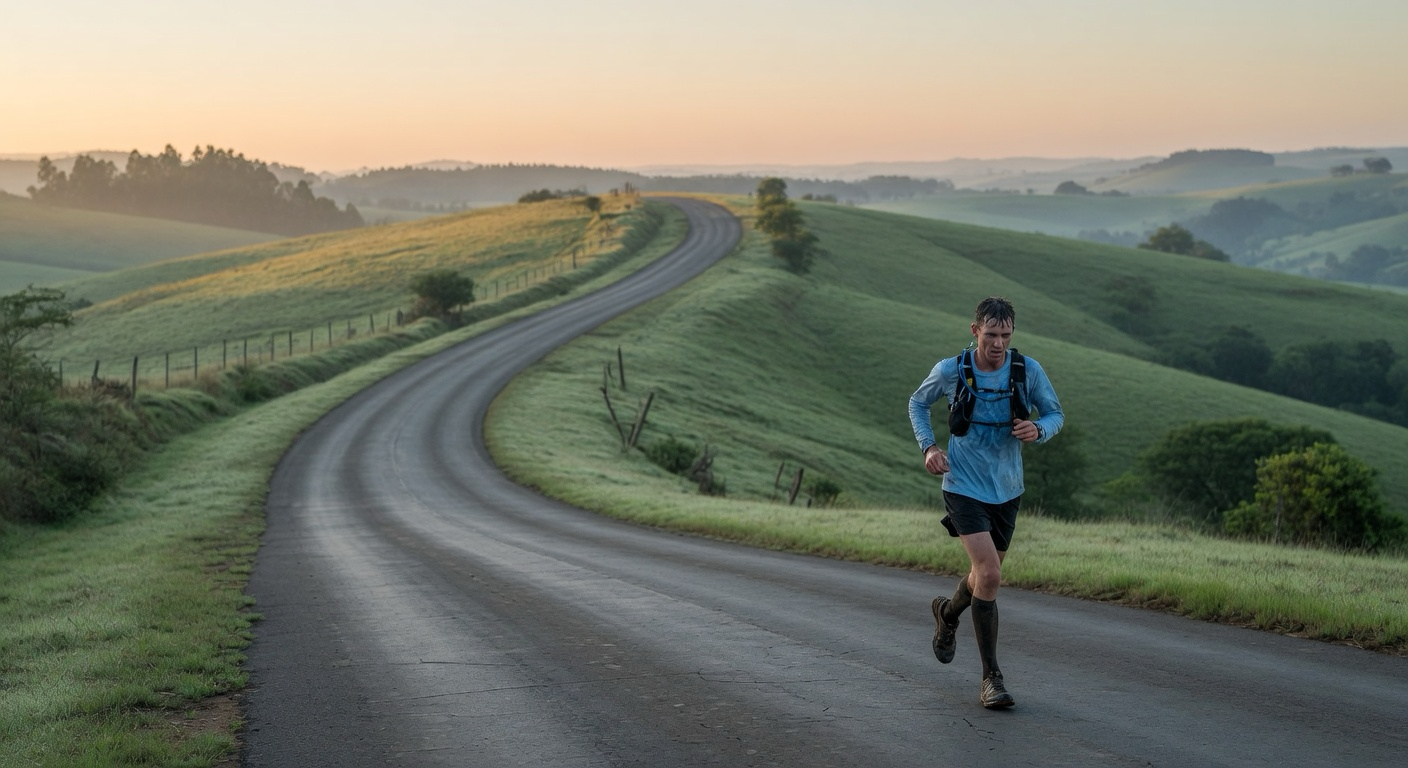 Coureur sur une longue montée routière dans un paysage vallonné à l'aube
