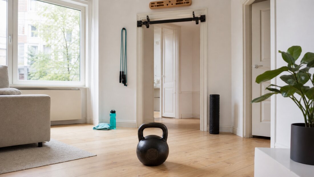 Heimtraining-Ecke in Altbau-Apartment mit Kettlebell, Klimmzugstange, Sprungseil, Hangboard und Faszienrolle