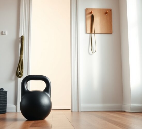 Skandinavische Wohnzimmer-Ecke mit Kettlebell, Sprungseil, Hangboard - Heimtraining-Setup