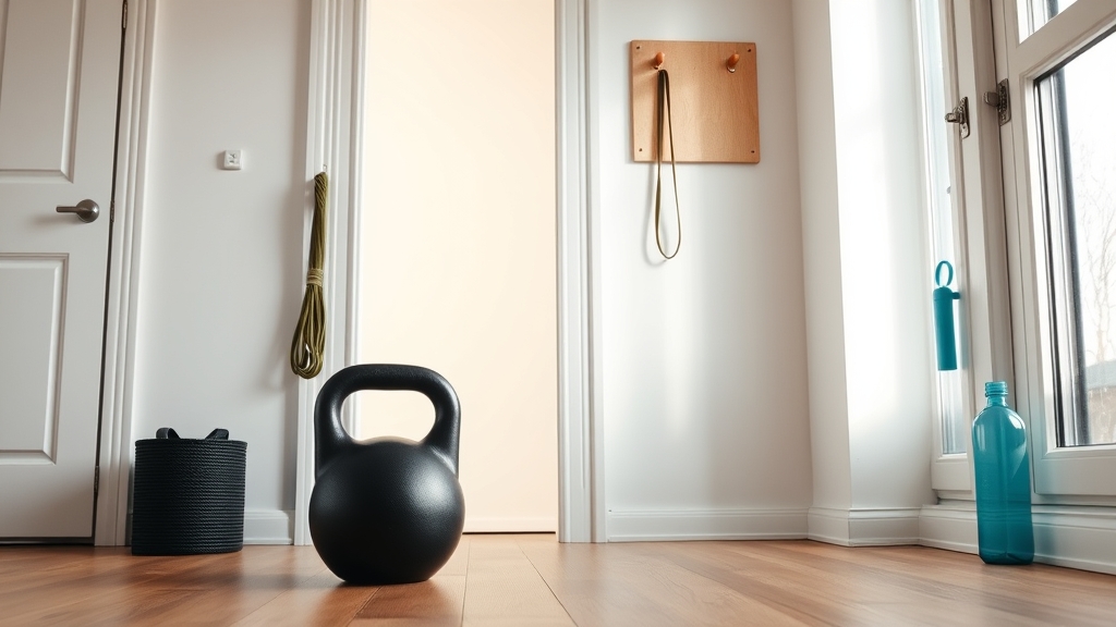 Skandinavische Wohnzimmer-Ecke mit Kettlebell, Sprungseil, Hangboard - Heimtraining-Setup