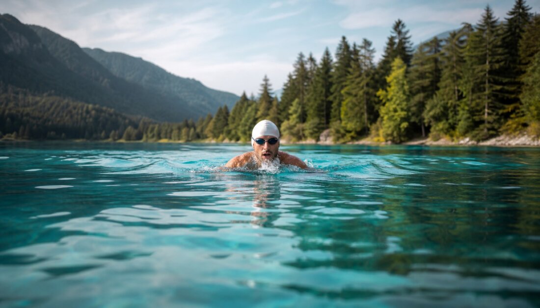 Schwimmer mit Badekappe und Schwimmbrille krault in einem klaren Bergsee vor Wald und Bergen