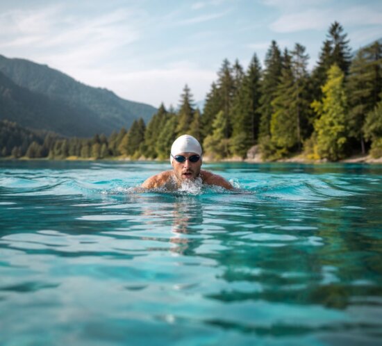 Schwimmer mit Badekappe und Schwimmbrille krault in einem klaren Bergsee vor Wald und Bergen