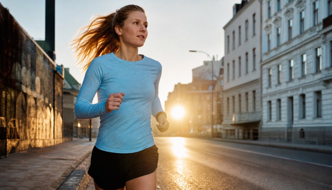 Junge europaeische Laeuferin Ende zwanzig mit hell-/mitteleuropaeischem Erscheinungsbild beim lockeren Tempolauf auf einer staedtischen Strasse im Morgenlicht, dynamische dokumentarische Sportfotograf