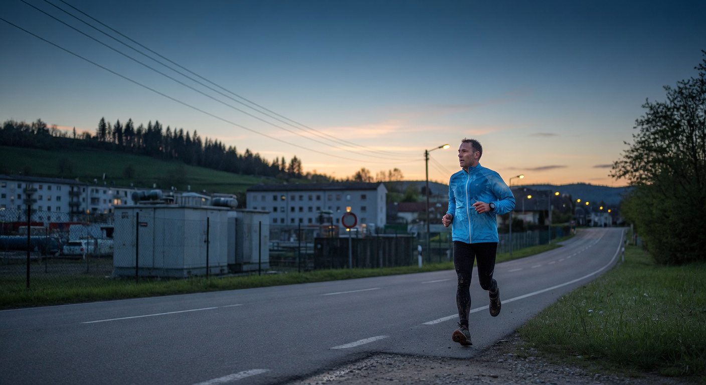 Läufer beim Tempotraining auf einer Straße am frühen Morgen