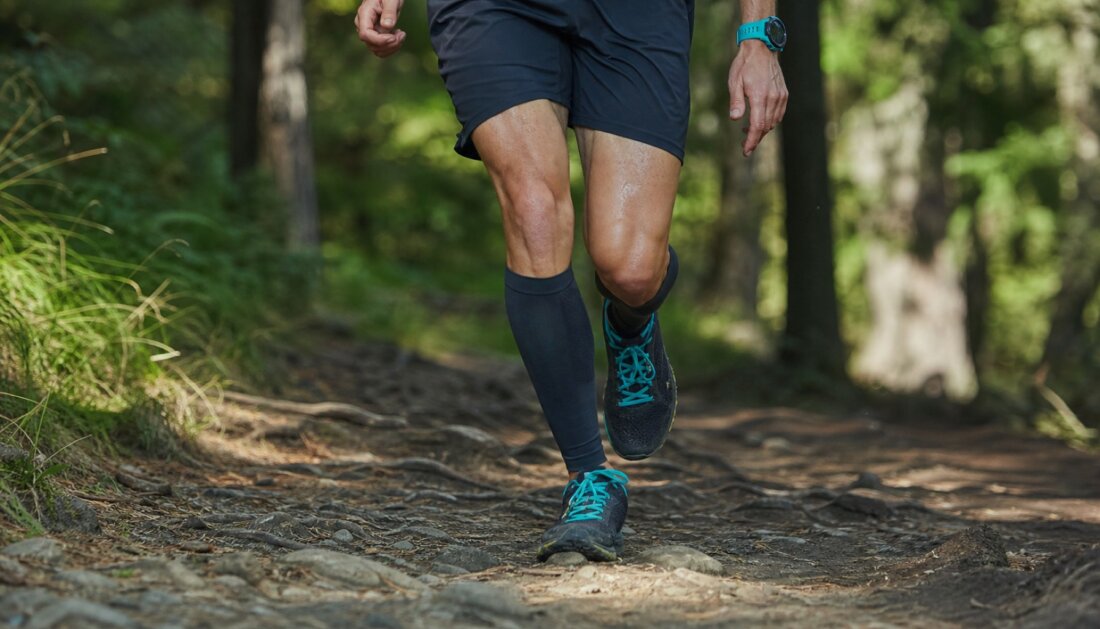 Beine eines Läufers mit kurzer Hose, Kniestrumpf und Laufschuhen auf wurzeligem Waldweg