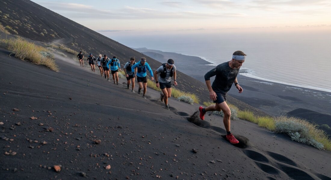 Trail-Läufer auf schwarzem Vulkanhang auf La Palma, Symbolbild zur Transvulcania 2026