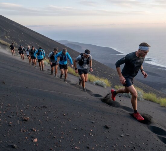 Trail-Läufer auf schwarzem Vulkanhang auf La Palma, Symbolbild zur Transvulcania 2026