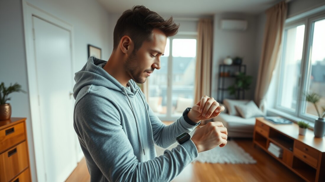 Athlet prüft morgens Smartwatch-Daten, Symbolbild für Sleep, Recovery und KI-gestützte Trainingssteuerung