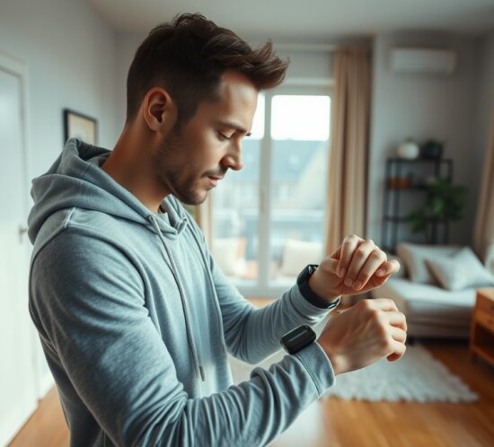 Athlet prüft morgens Smartwatch-Daten, Symbolbild für Sleep, Recovery und KI-gestützte Trainingssteuerung