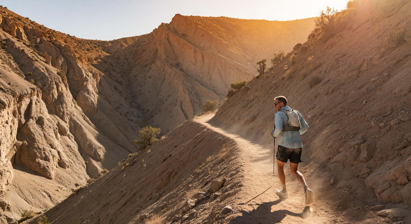 Trail-Läufer auf einem staubigen Bergpfad in einer Canyon-Landschaft bei Hitze