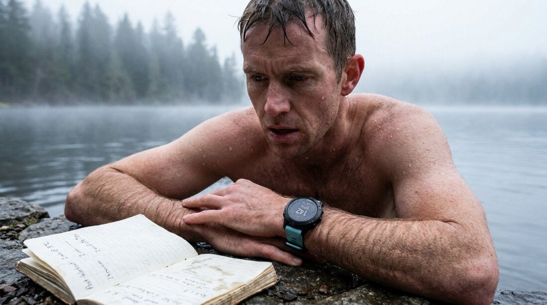 Mann nach dem Eisbaden am nebligen Seeufer mit Sportuhr und offenem Notizbuch auf dem Stein