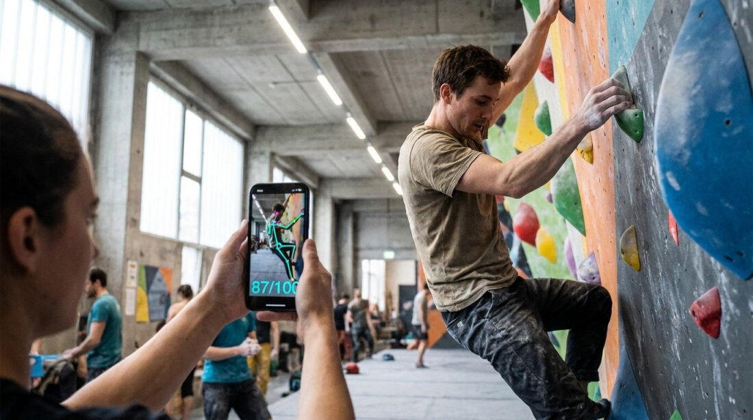 Eine Person filmt einen Boulderer an der Kletterwand, auf dem Smartphone ist eine Pose-Analyse zu sehen.