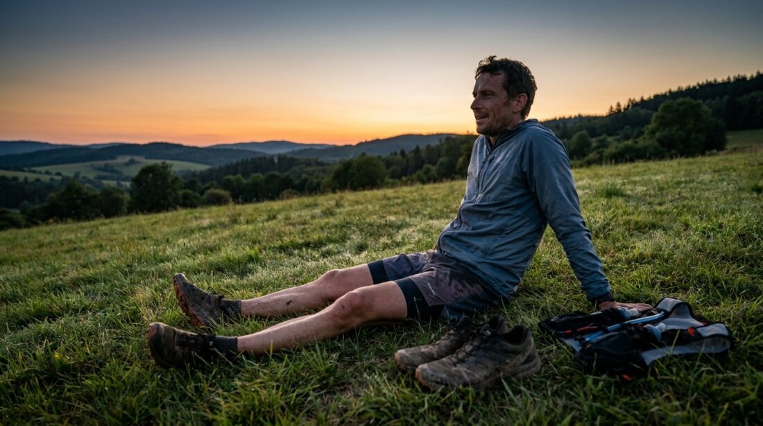 Ein Mann sitzt bei Sonnenuntergang auf einer Wiese, Schuhe und Rucksack liegen im Vordergrund.