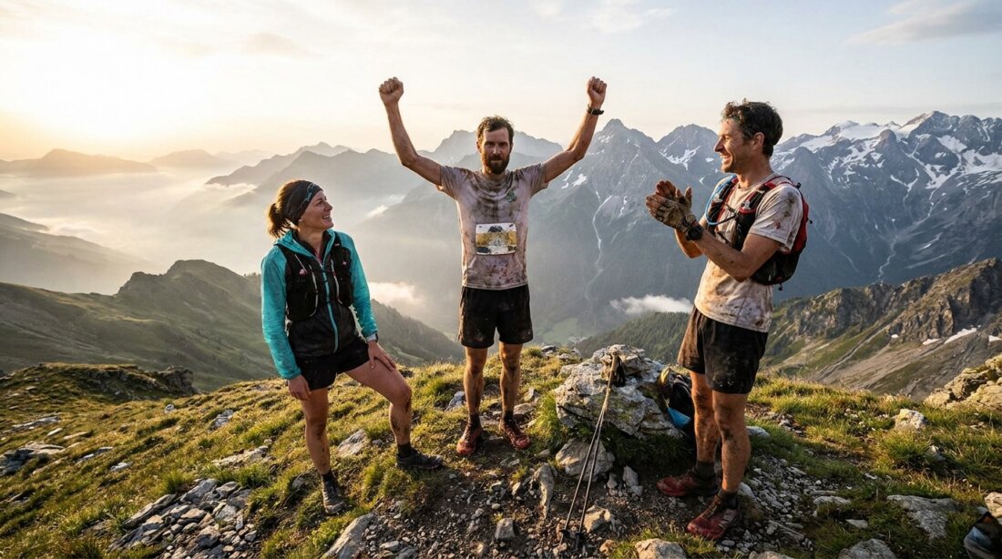 Drei Trailrunner stehen bei Sonnenaufgang auf einem Berggrat, einer hebt jubelnd die Arme.