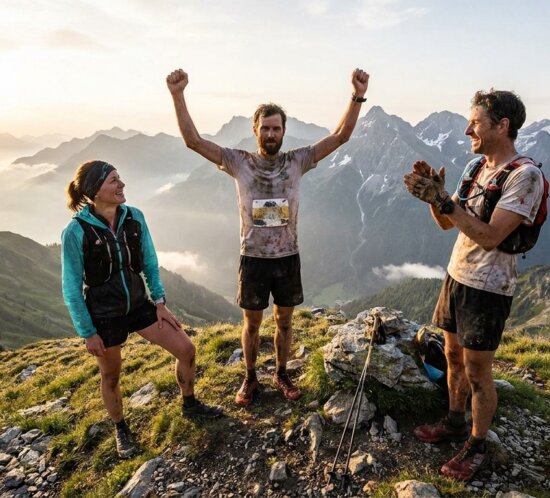 Drei Trailrunner stehen bei Sonnenaufgang auf einem Berggrat, einer hebt jubelnd die Arme.