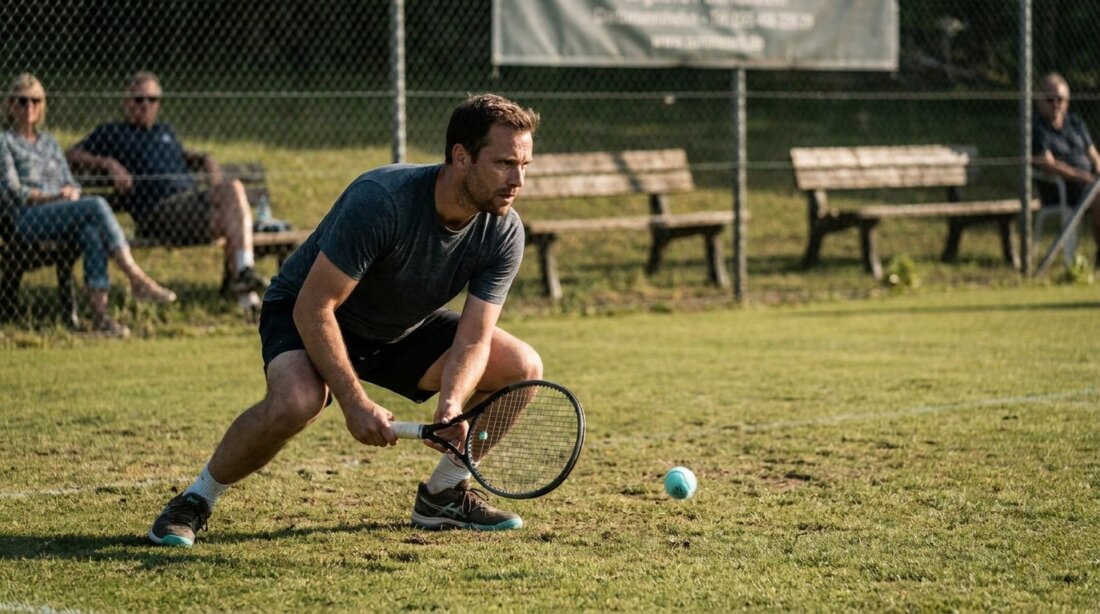 Tennisspieler geht auf einem Rasenplatz tief in die Knie und bereitet einen Return mit dem Schläger vor.