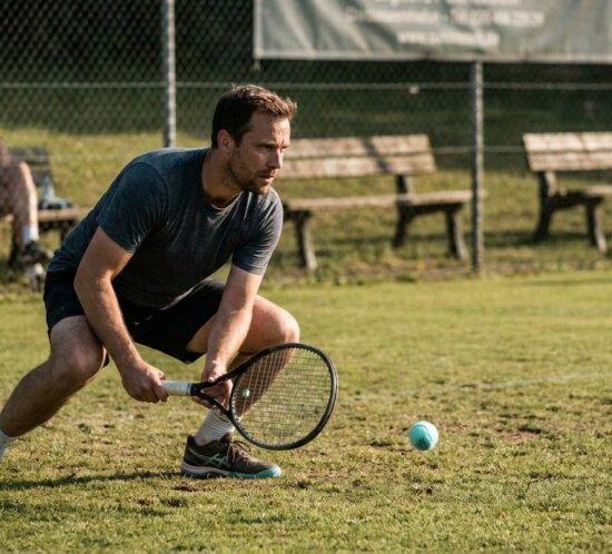 Tennisspieler geht auf einem Rasenplatz tief in die Knie und bereitet einen Return mit dem Schläger vor.