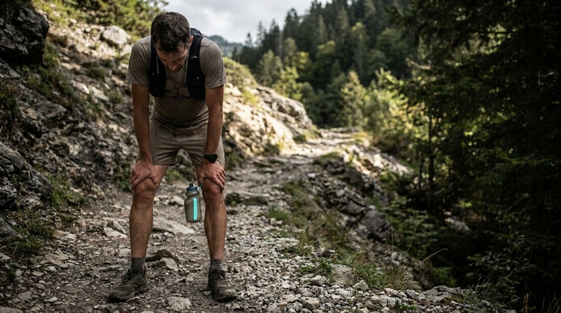 Erschoepfter Wanderer stuetzt sich auf einem steinigen Bergweg im Wald auf die Knie.