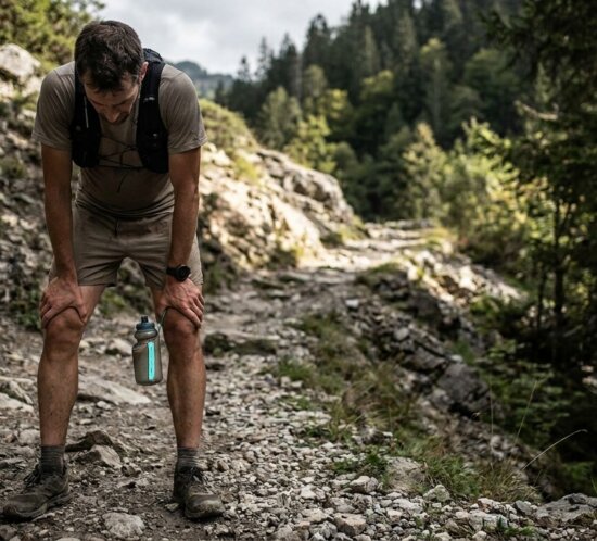 Erschoepfter Wanderer stuetzt sich auf einem steinigen Bergweg im Wald auf die Knie.