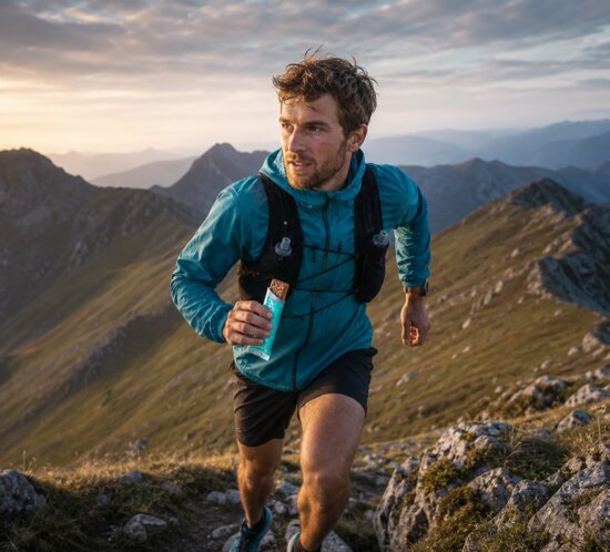 Trailrunner in blauer Jacke hält einen Energieriegel auf felsigem Berggrat bei Sonnenaufgang