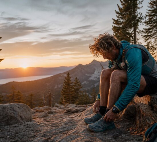 Trailrunner sitzt bei Sonnenuntergang auf einem Baumstamm und bindet Schuhe in bergiger Waldlandschaft