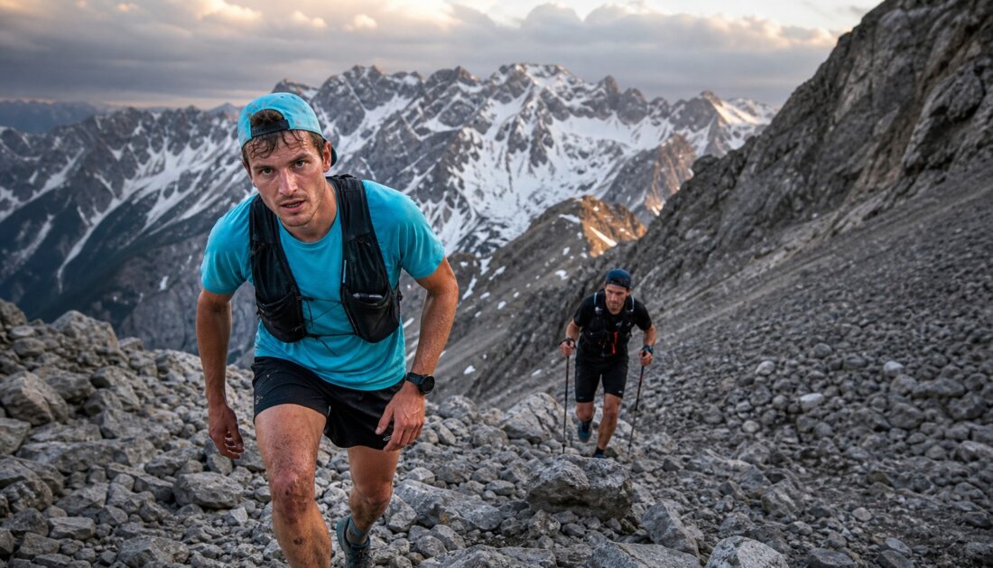 Zwei Trailrunner steigen auf steinigem Pfad vor schneebedeckten Berggipfeln und Wolkenhimmel auf.