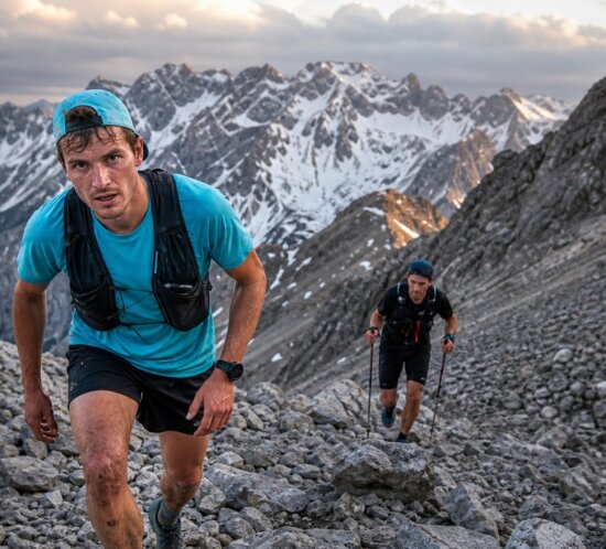 Zwei Trailrunner steigen auf steinigem Pfad vor schneebedeckten Berggipfeln und Wolkenhimmel auf.