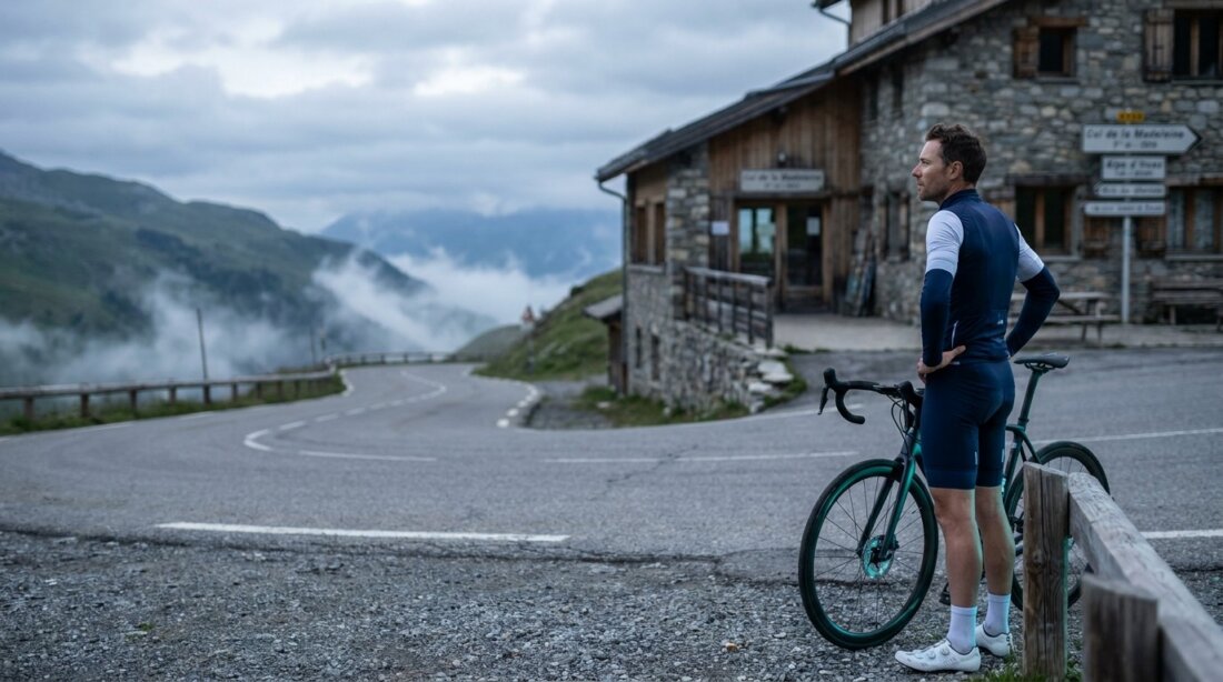 Radsportler mit Rennrad steht an einer Berghütte vor kurviger Passstraße und nebligem Tal.