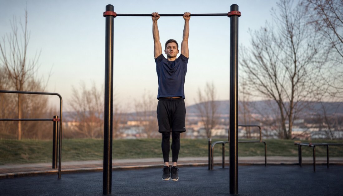 Person hängt mit gestreckten Armen passiv an einer Klimmzugstange im Calisthenics-Park, Dead Hang für Griffkraft und Schultern.