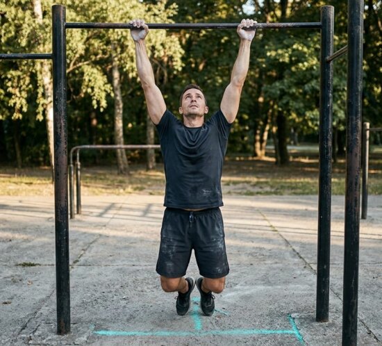 Sportler haengt mit gestreckten Armen an einer Klimmzugstange auf einem Outdoor-Trainingsplatz.