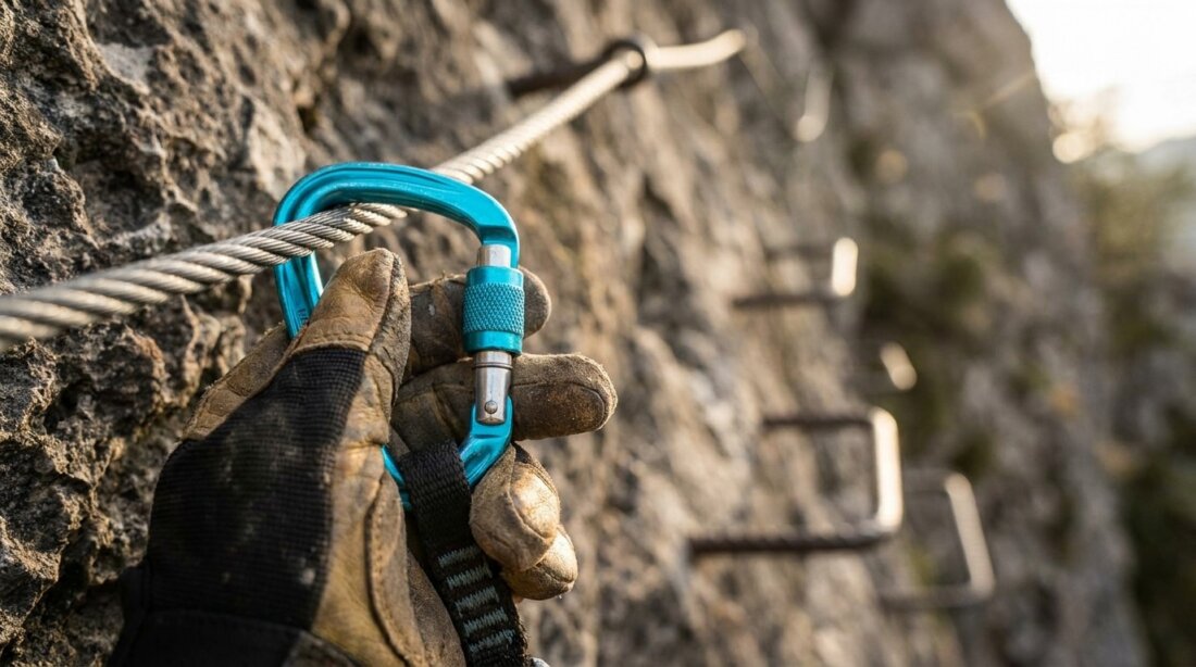Hand mit Kletterhandschuh befestigt einen blauen Karabiner an einem Stahlseil am Fels.