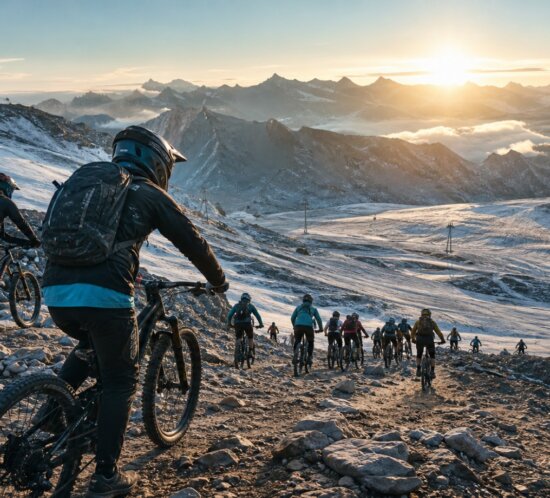 Mountainbiker starten auf einem felsigen Schneehang vor Bergpanorama im Sonnenaufgang.
