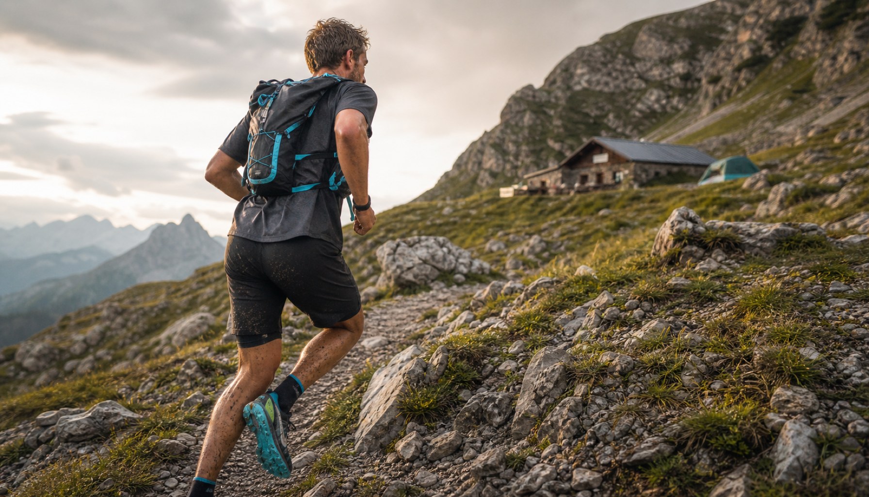 Un athlète d'endurance effectue une séance intensive le deuxième jour d'un entraînement back-to-back en terrain montagneux.