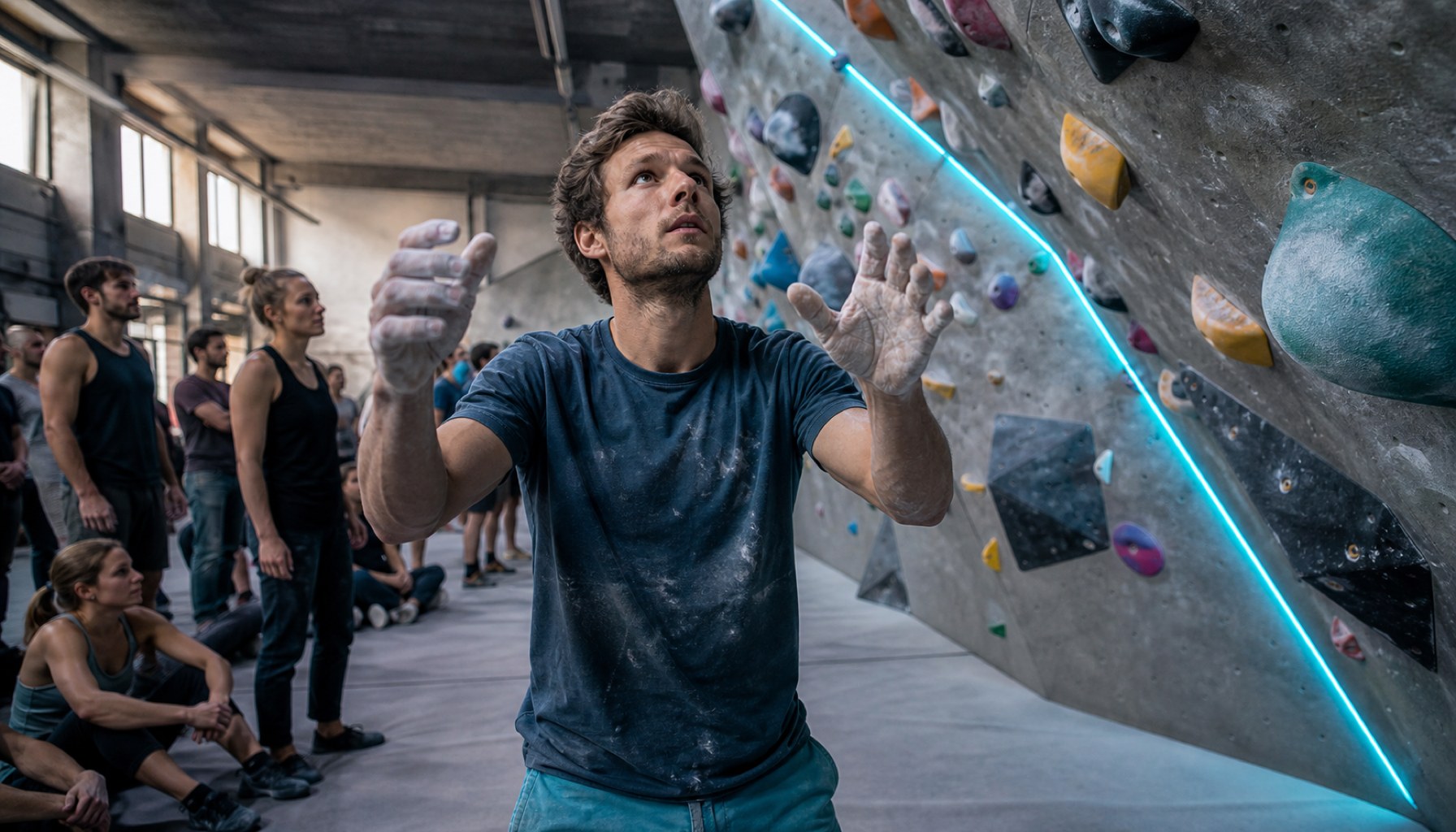A competitive climber plans his route in his head before touching the boulder wall - precise preparation saves energy.