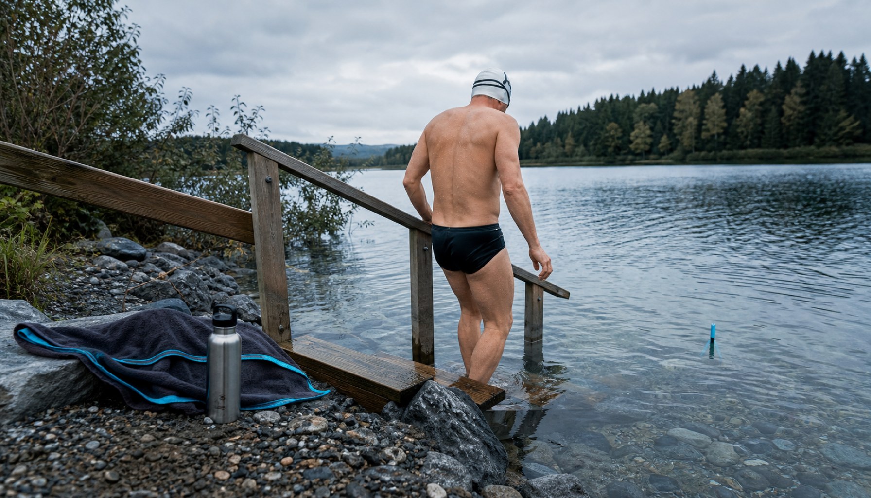 Un sportif se prépare à un bain de glace en pleine nature pour favoriser la récupération après une compétition.