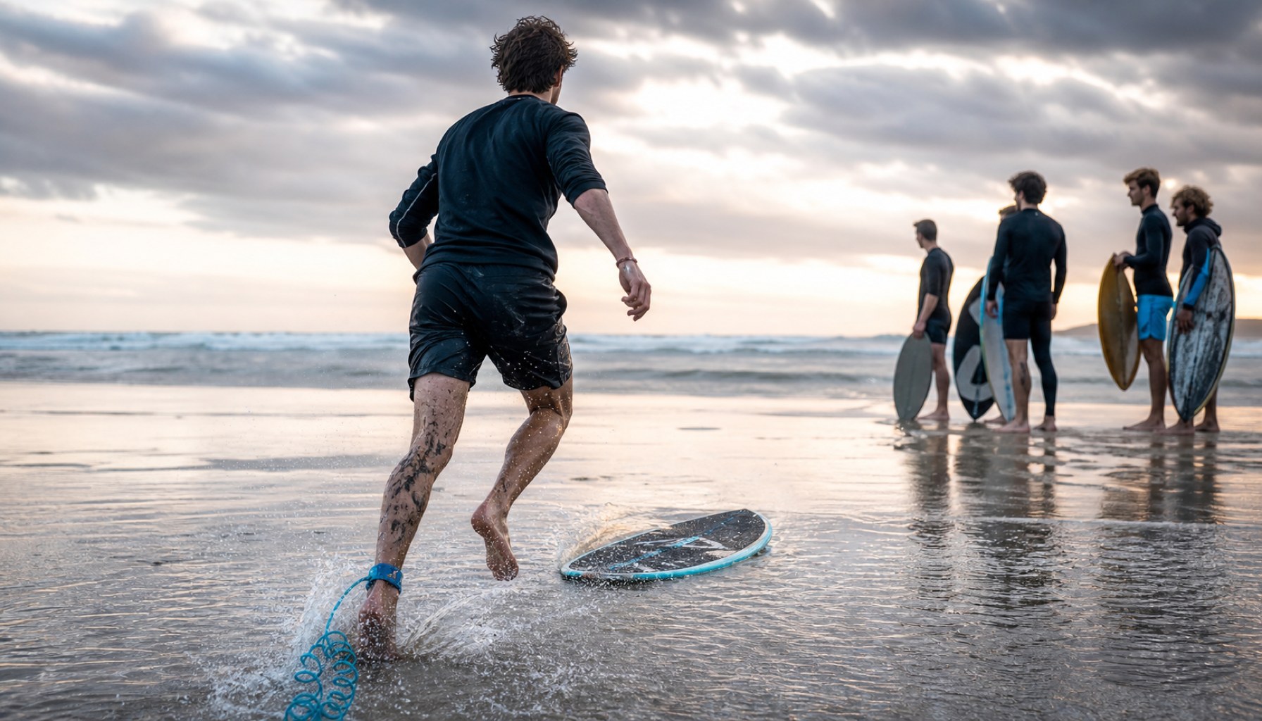 Un skimboarder glisse sur du sable humide sur la plage.