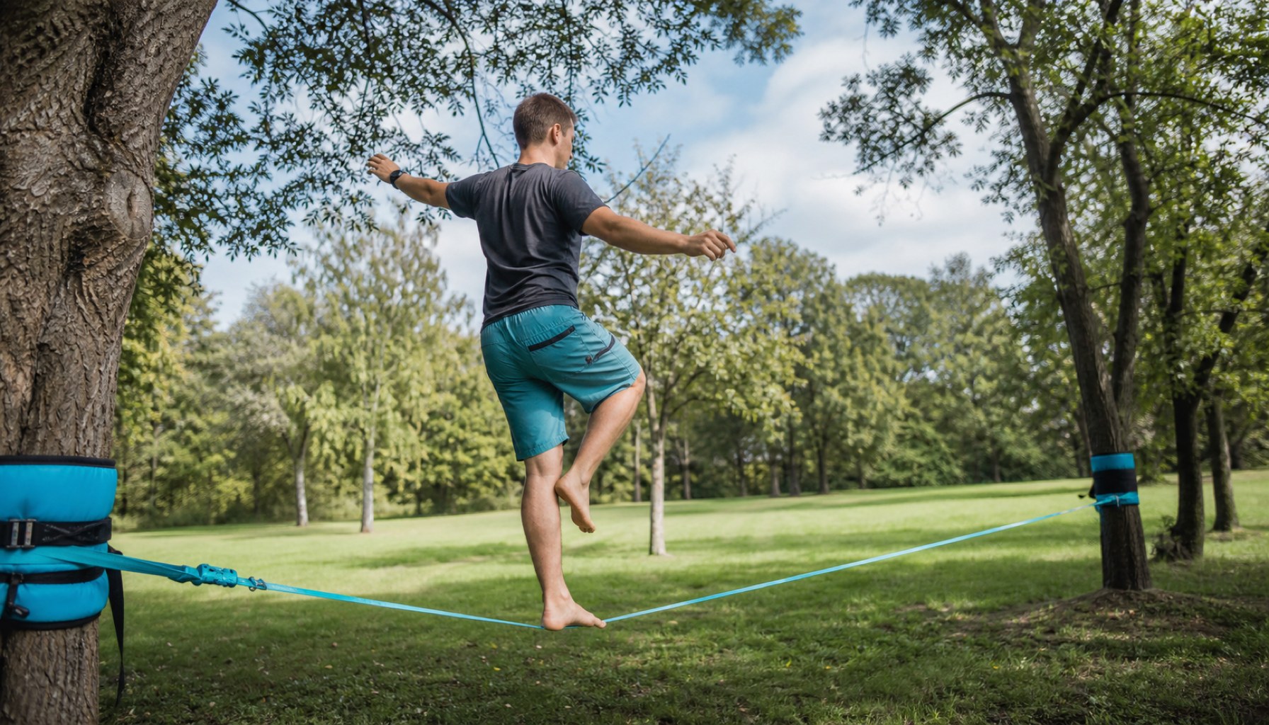 Einsteiger übt das einbeinige Stehen auf einer Slackline, Blick fixiert, Hände leicht ausgebreitet für Balance.
