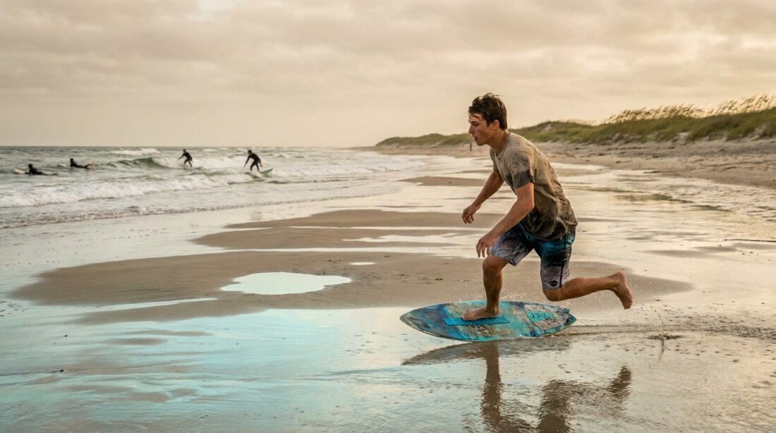 Junger Skimboarder läuft am nassen Strand auf seinem Board, während im Hintergrund Surfer im Meer sind.