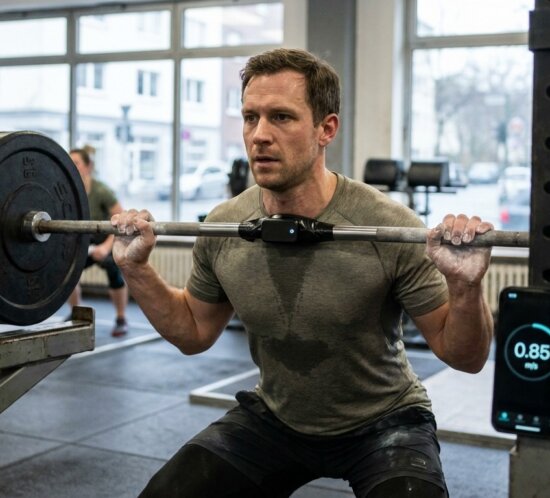 Athlet trainiert Kniebeugen mit Langhantel im Fitnessstudio, Sensor an der Stange und App im Vordergrund