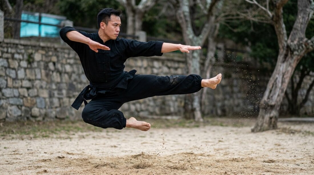 Wushu-Sportler in schwarzer Kleidung springt mit ausgestrecktem Bein über sandigem Boden.