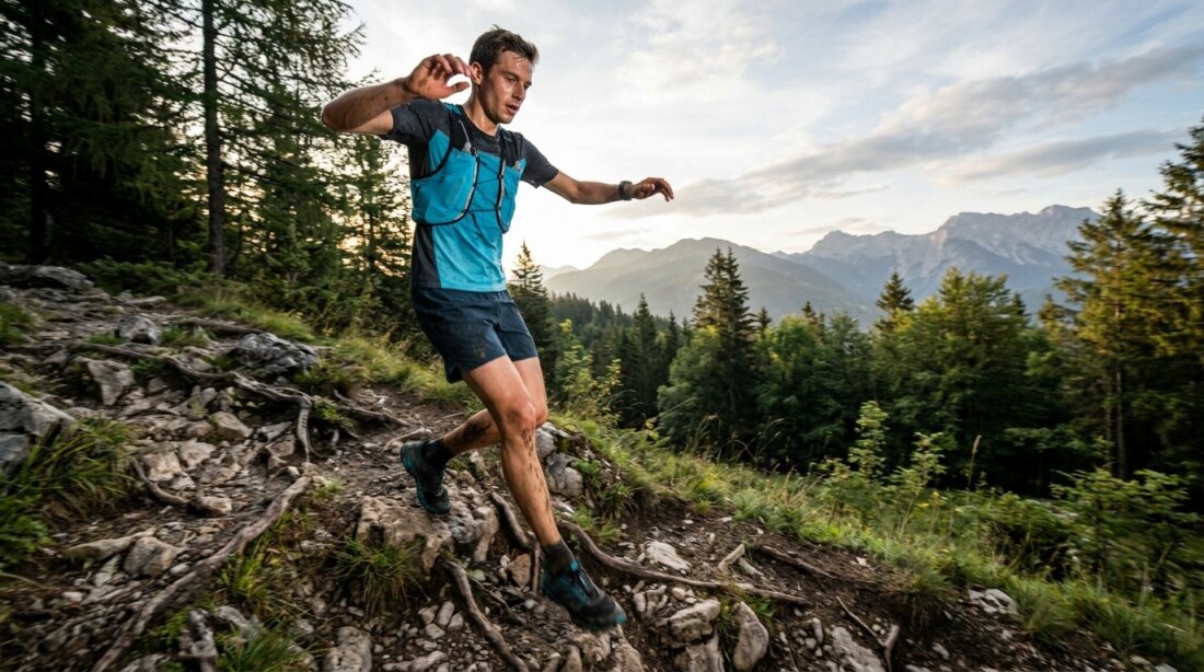 KI-generiertes Beitragsbild zum Artikel Trailrunning für Straßenläufer: Warum dein Asphalt-Tempo am Berg nichts zählt