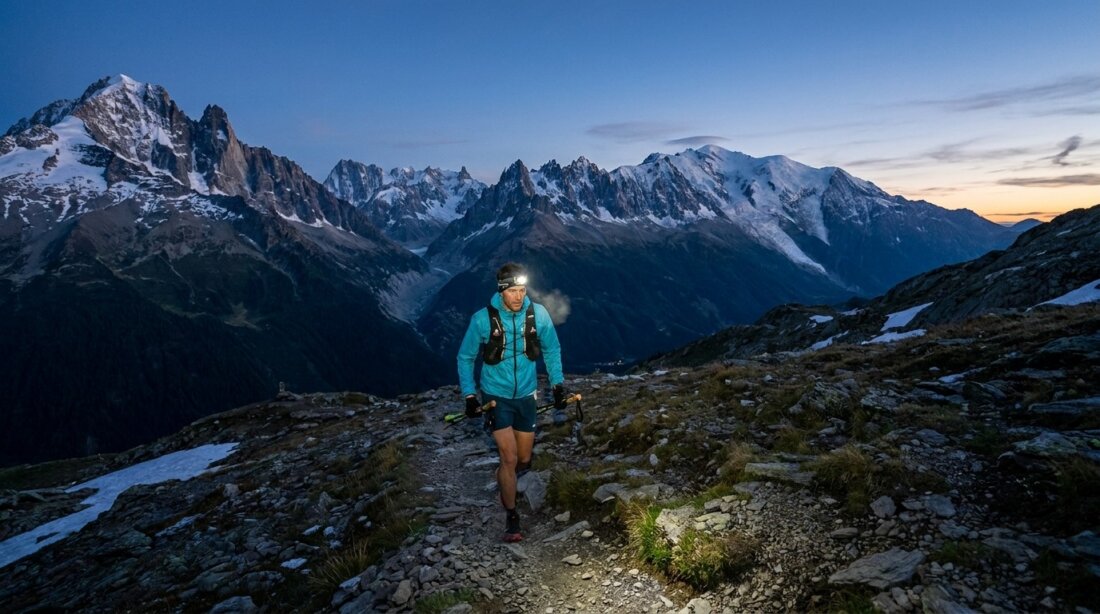 Trailrunner mit Stirnlampe steigt bei Dämmerung über einen steinigen Alpenpfad vor schneebedeckten Gipfeln