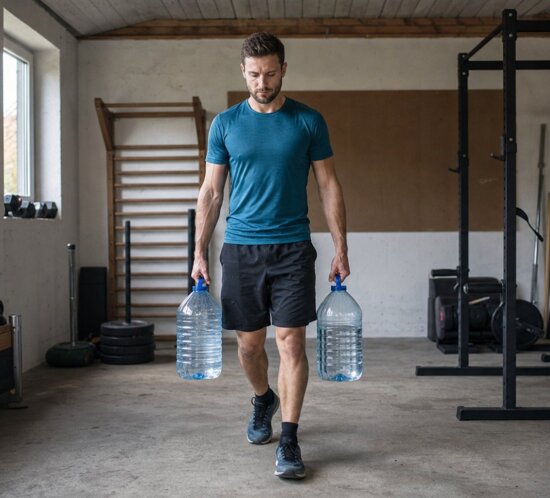 Documentary sports photography: athletic person in garage gym performing farmers carry with two identical water jugs, arms straight down, upright posture, short steps, concrete floor, natural window l