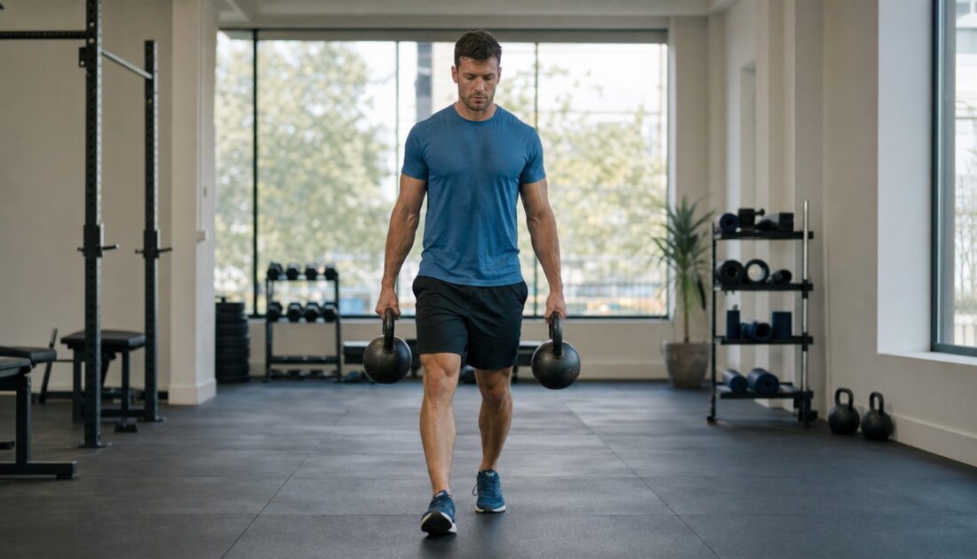 Sportler trägt zwei Kettlebells beim Farmer Carry durch ein Gym, Schultern tief, aufrechte Haltung