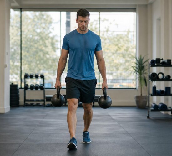 Sportler trägt zwei Kettlebells beim Farmer Carry durch ein Gym, Schultern tief, aufrechte Haltung
