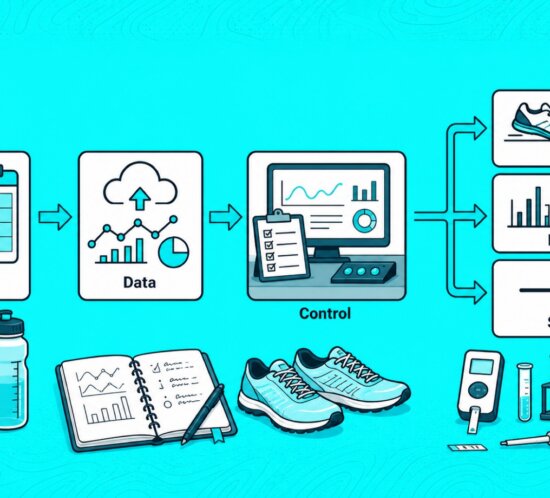 Illustration mit Plan-, Daten- und Kontrollgrafiken, Laufschuhen, Uhr und Trainingszubehör.