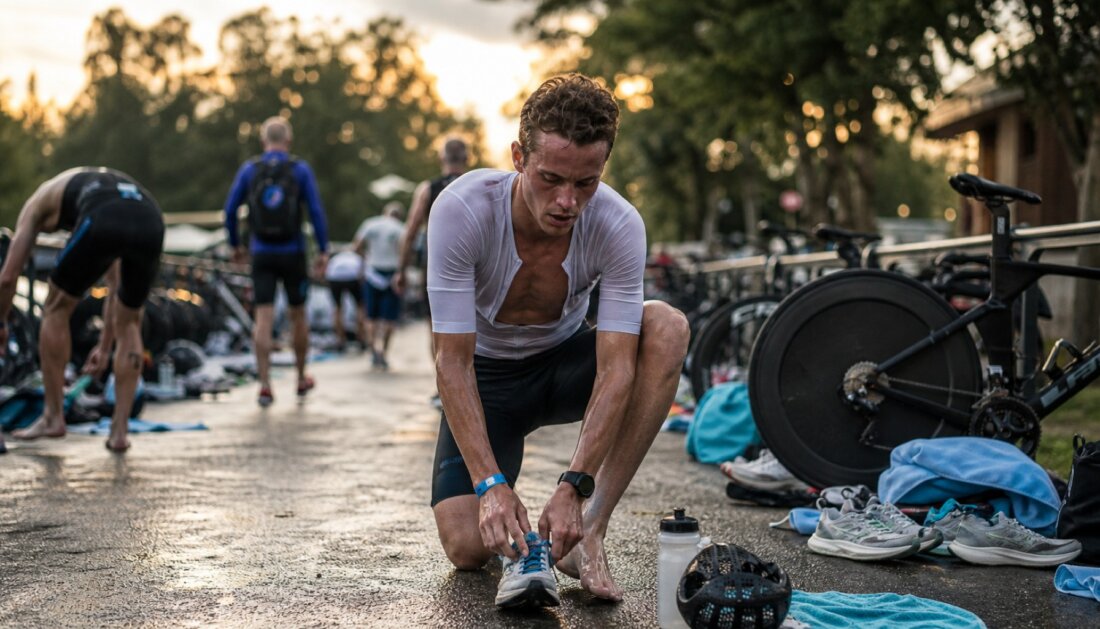 Triathlet kniet auf nasser Straße und bindet seinen Laufschuh neben Rennrad und Ausrüstung.